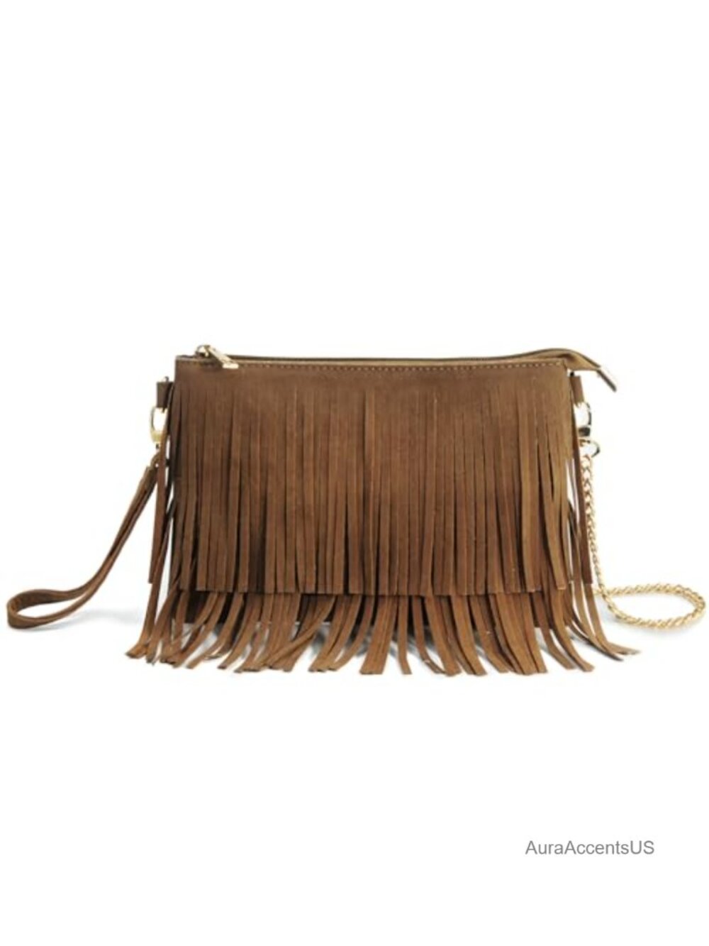Faux Suede Fringe Crossbody Bag Small Shoulder Bag Top Zip Wristlet